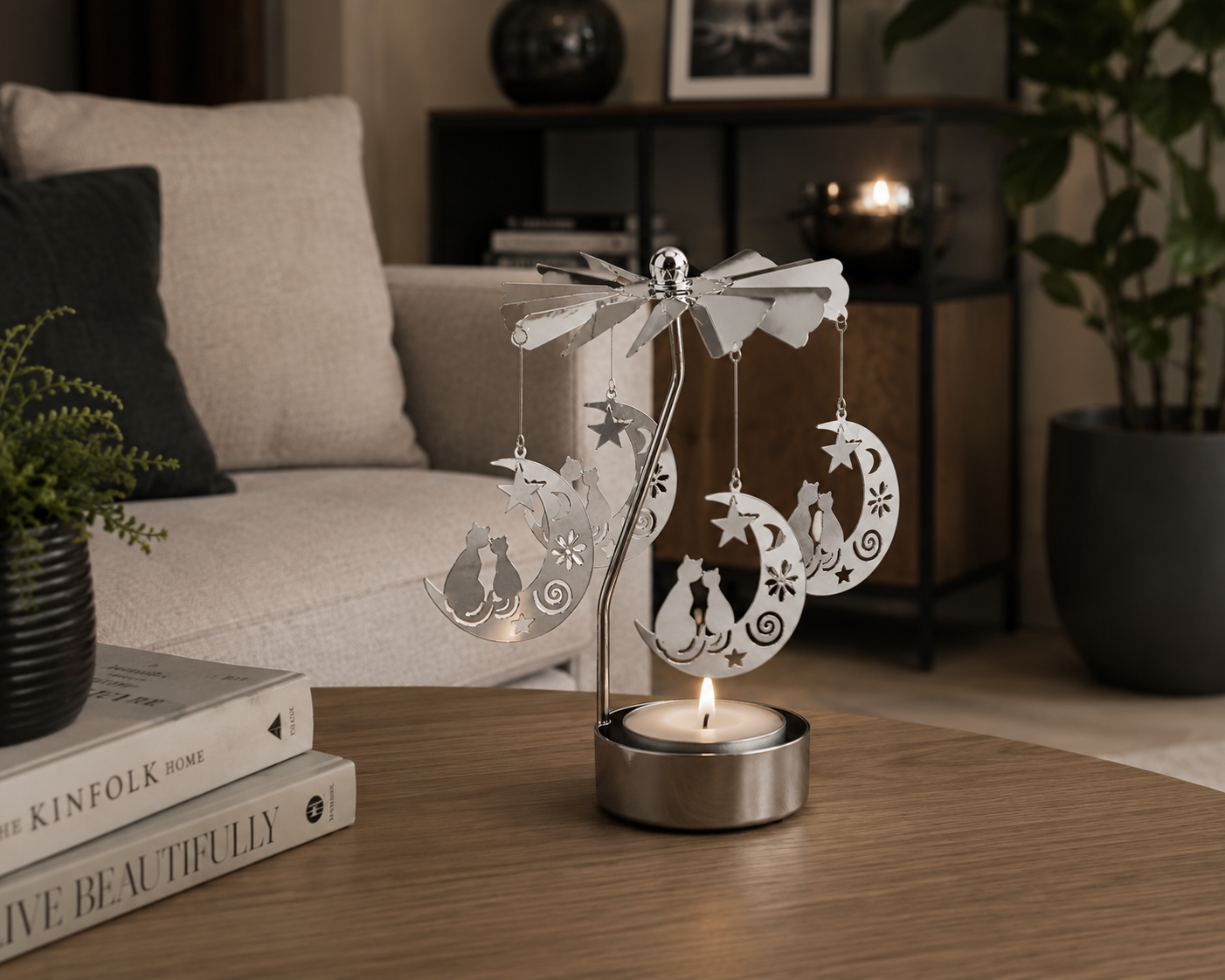 Rotating Cat & Moon Tealight Carousel Candle Holder
