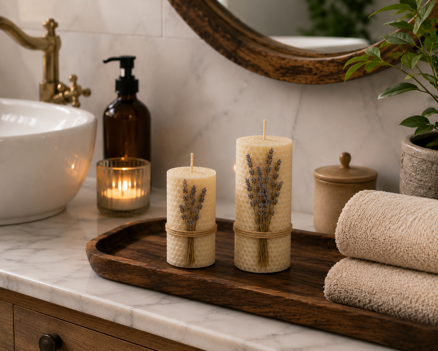 Handmade Honeycomb Beeswax Candle Set with Dried Lavender